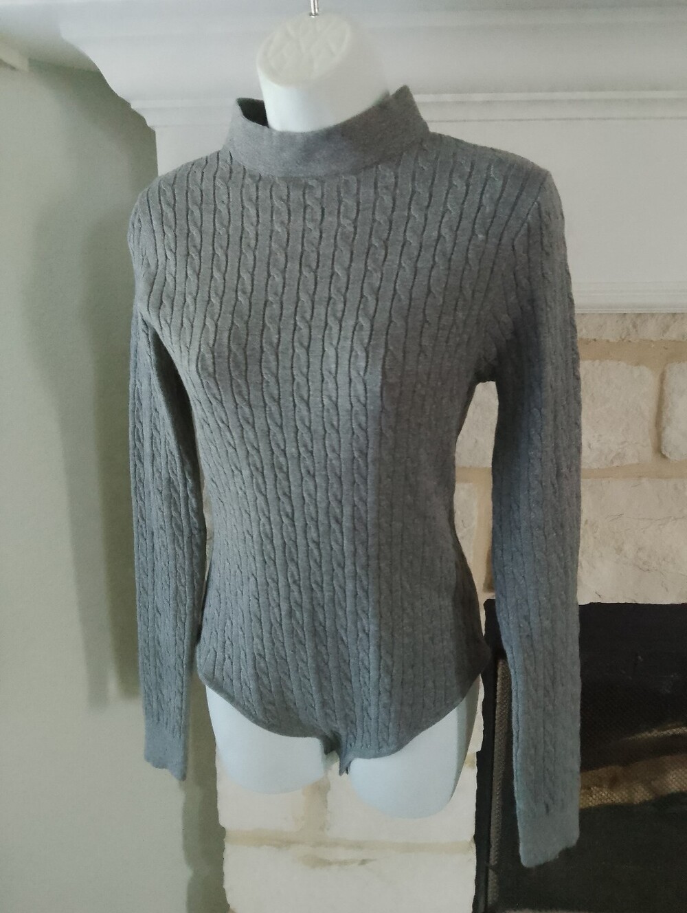 POL Gray Cable-Knit Mock Neck Sweater